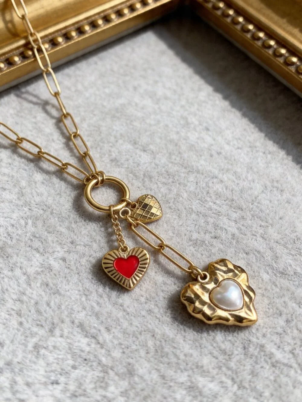 Gold Multi Heart Charm Necklace Stainless Steel - Picture 2 of 13